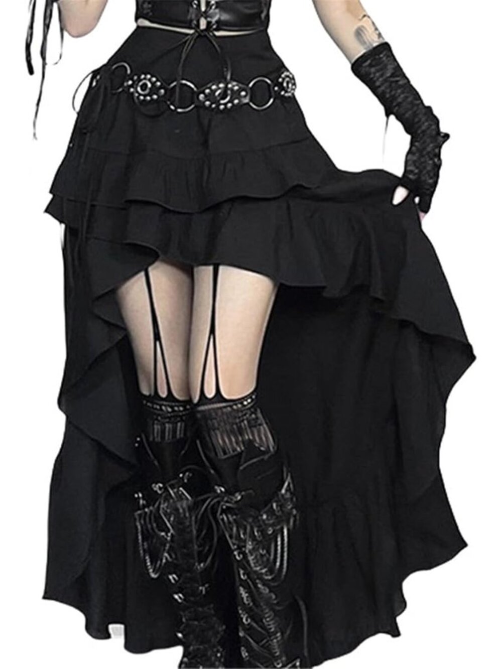 Gothic Tiered Maxi Skirt Asymmetrical High Waist Y2K Punk Grunge